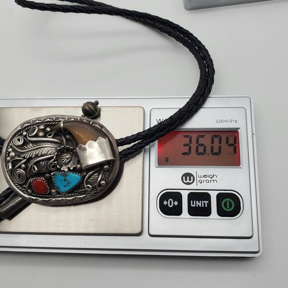 Sterling Silver Turquoise Stone Bolo Tie 925 Vintage Lariat Necktie Leaf Signed - Picture 2 of 13